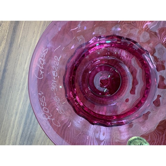 Rossi Glass Cranberry Glass Relish Bowl Etched SIGNED shallow wide-mouthed - Picture 5 of 9
